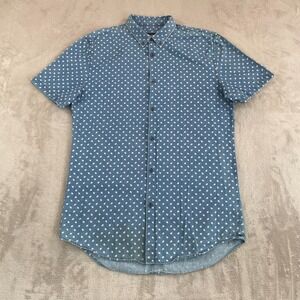 ZANEROBE Chambray Denim Shirt Men Large Blue Geometric AOP Short Sleeve
